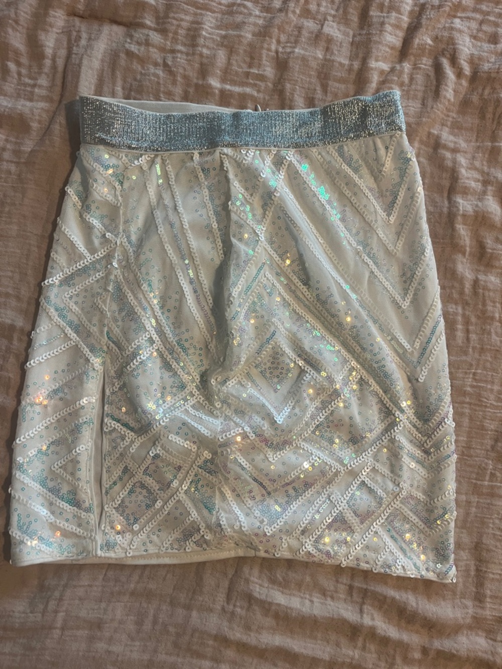 SHEIN Iridescent White Sequin Mini Skirt with Shimmer Waistband